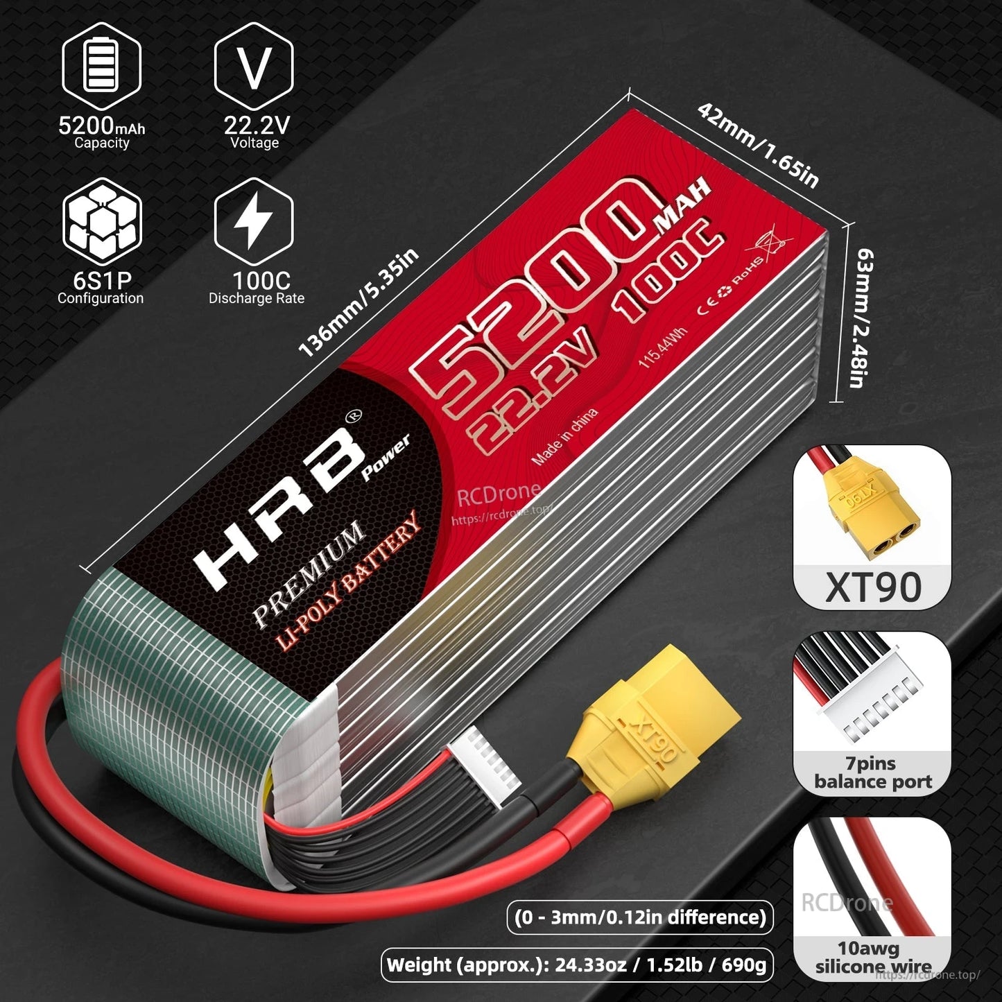 HRB 6S 22.2V 5200mAh 100C LiPo battery with XT90 plug, dimensions diagram and 7-pin balance port