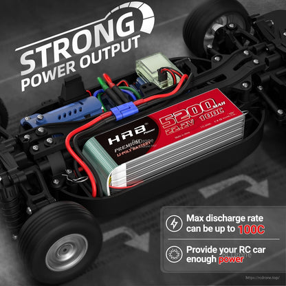 HRB 5200mAh 22.2V 100C LiPo installed in RC car battery tray, wiring and connector shown