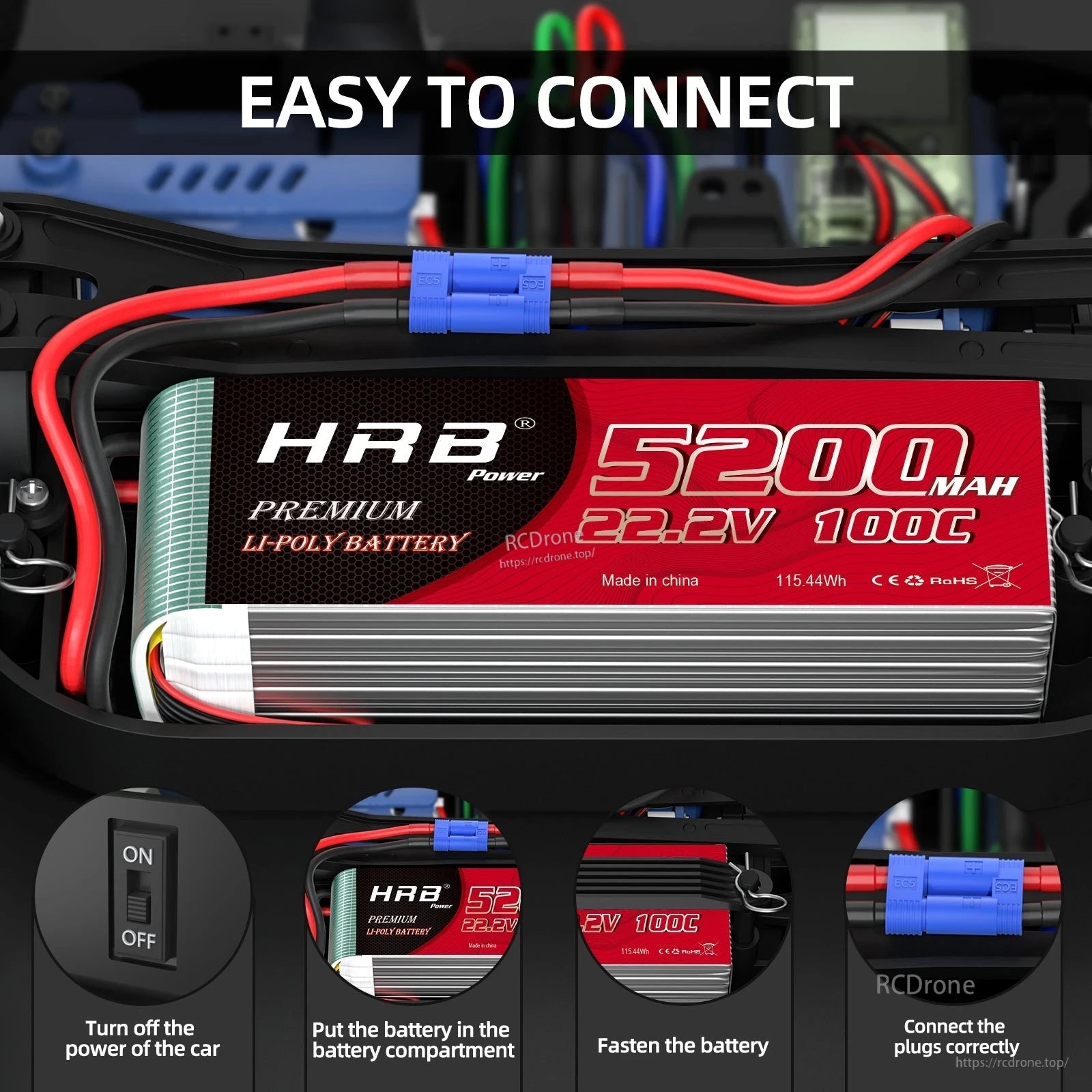 Easy to connect graphic showing HRB LiPo battery in RC car with connector plugged in and installation steps