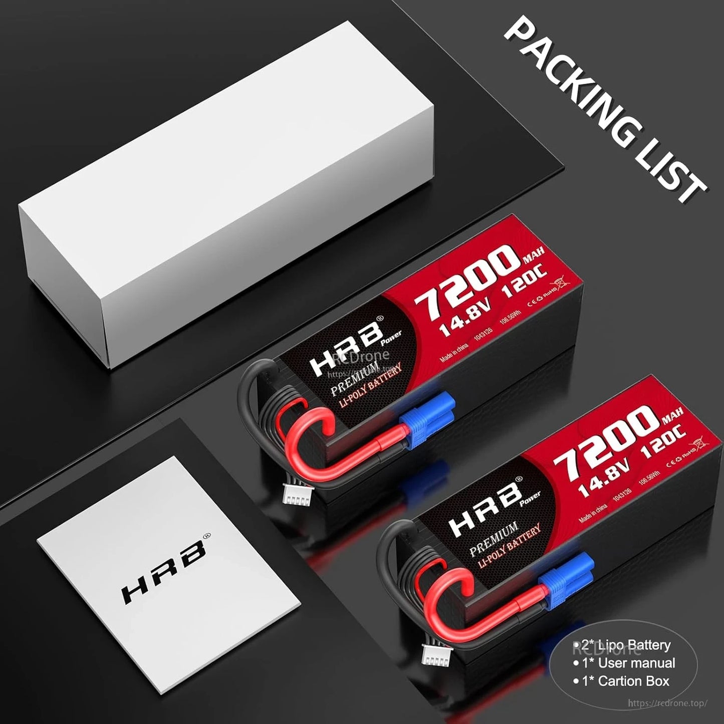 Packing list showing two HRB 7200mAh 14.8V hardcase LiPo batteries, user manual, and carton box