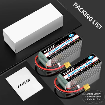Packing list showing two HRB 3300mAh 60C LiPo batteries, user manual, and carton box