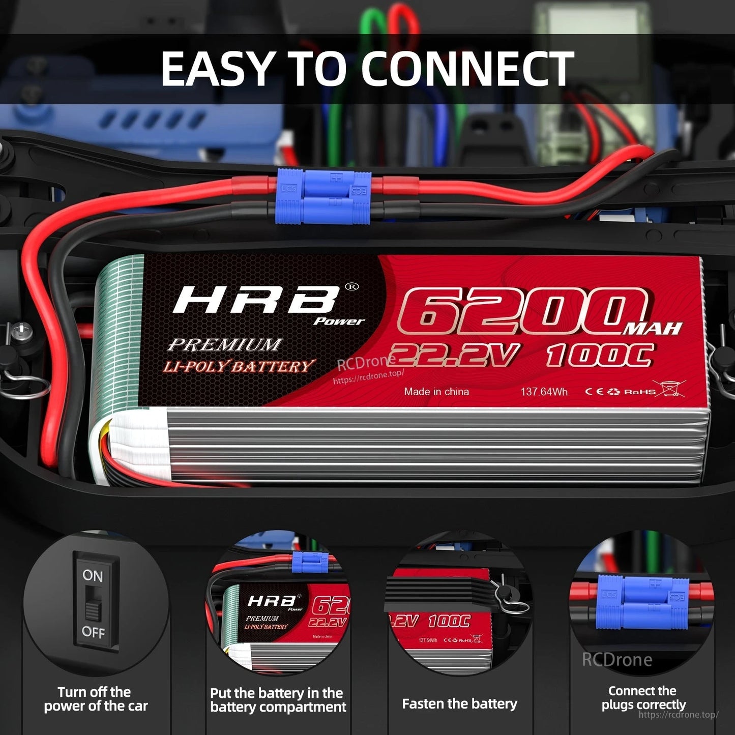 Easy to connect graphic showing LiPo battery in RC car with blue plug connection steps