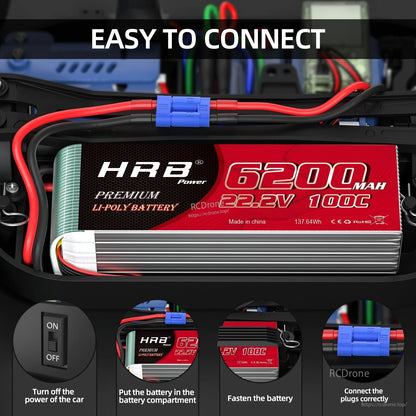 Easy to connect graphic showing LiPo battery in RC car with blue plug connection steps