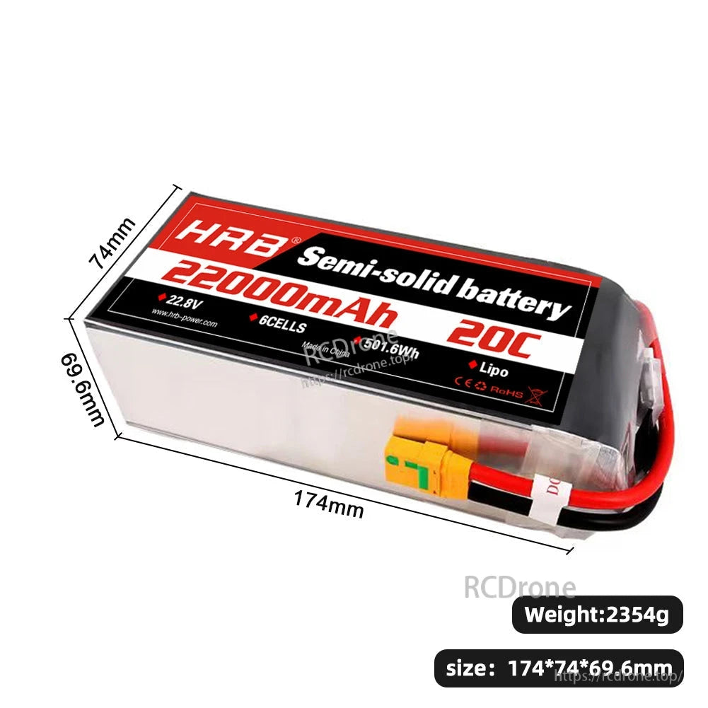 Battery pack size and weight graphic showing 174×74×69.6mm and 2354g, with connector and leads visible