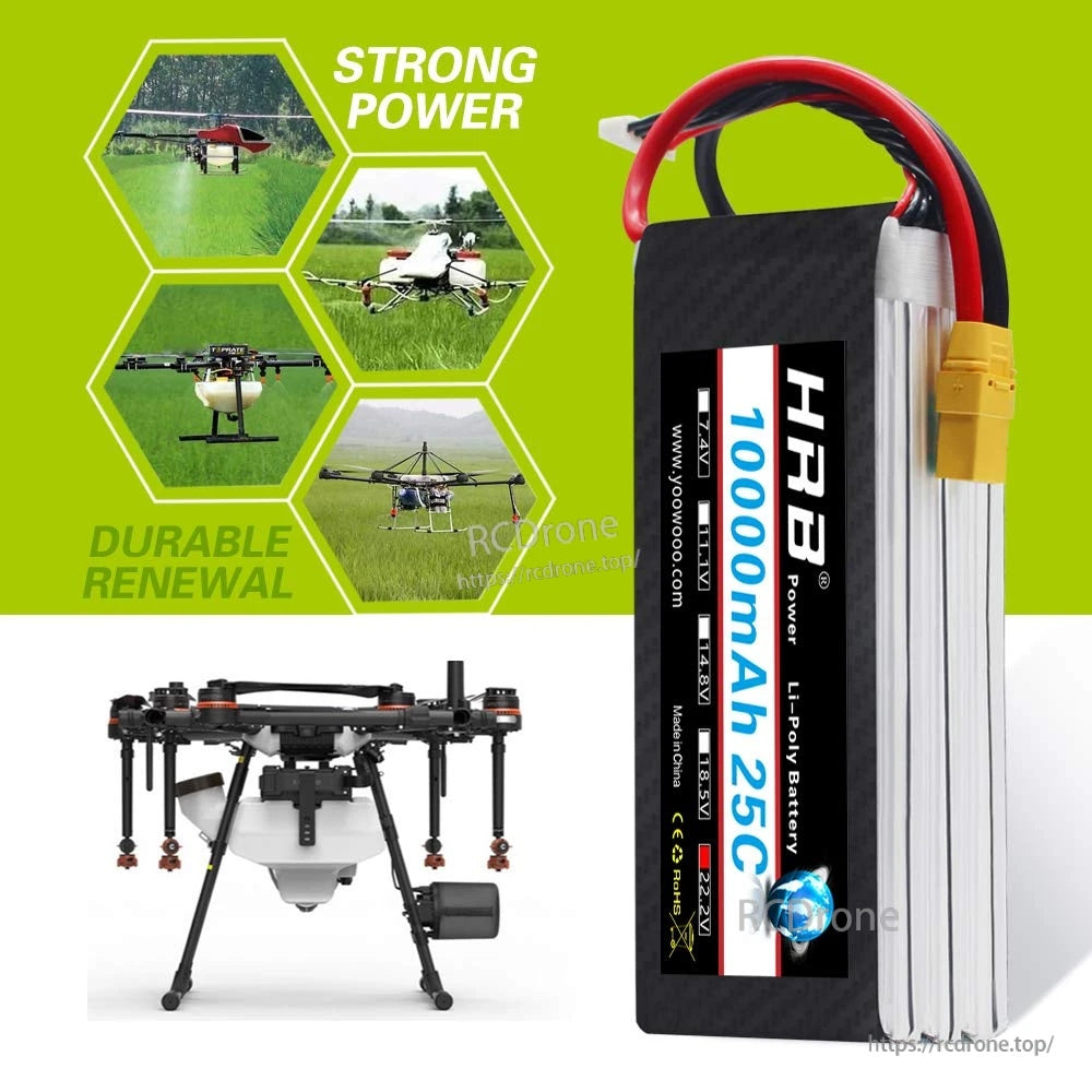 HRB 6S 10000mAh 25C LiPo battery highlighted for drone/RC aircraft power use on green background