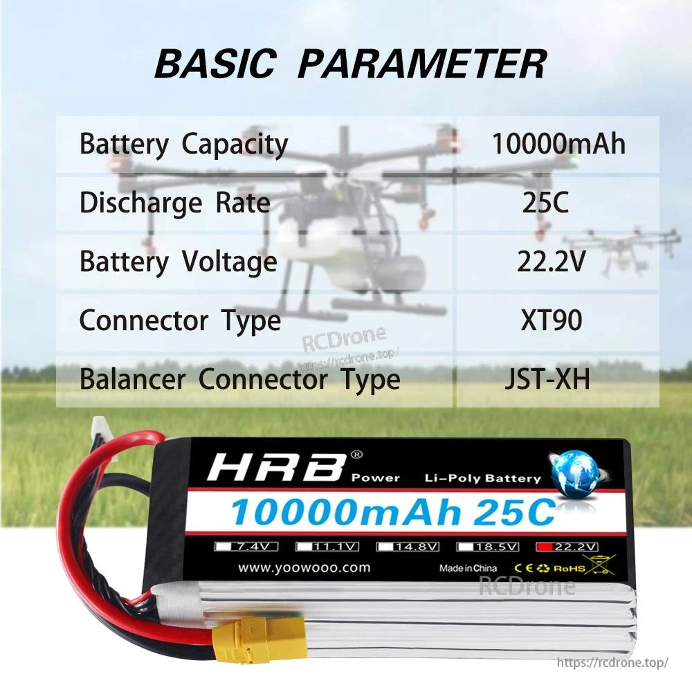 Basic parameters graphic for HRB 22.2V 10000mAh 6S LiPo battery: 25C, XT90 connector, JST-XH balance lead