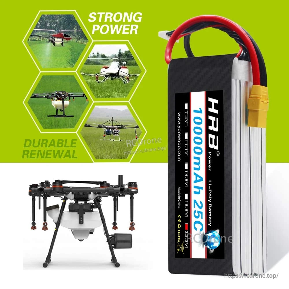 HRB 10000mAh 25C LiPo battery application graphic with multi-rotor drones and 'strong power' callouts