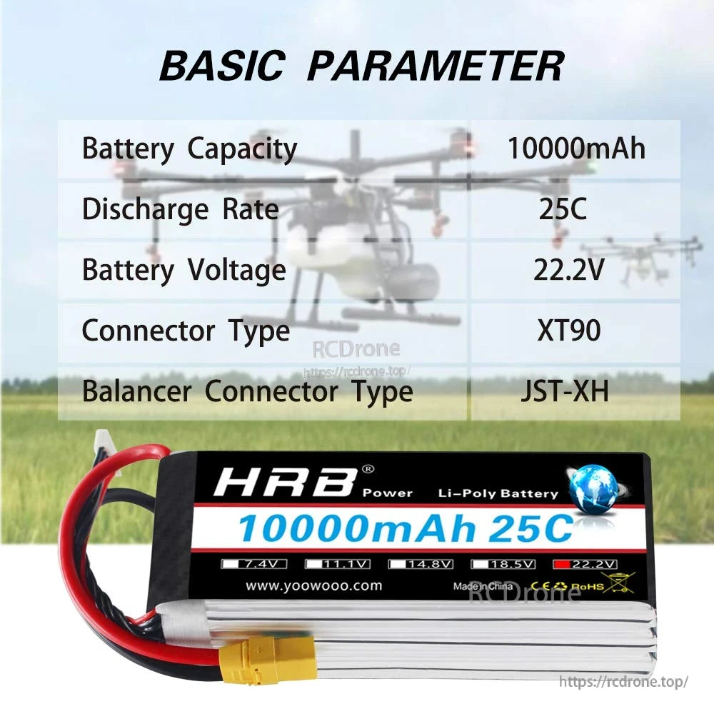 Basic parameter table for HRB LiPo: 10000mAh, 22.2V, 25C, XT90 connector and JST-XH balance plug
