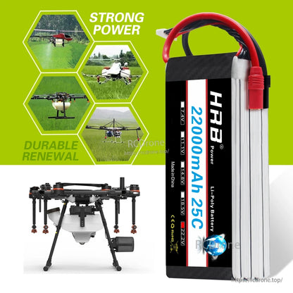 Application graphic showing heavy-lift drone use with 'Strong Power' and 'Durable Renewal' callouts beside battery pack
