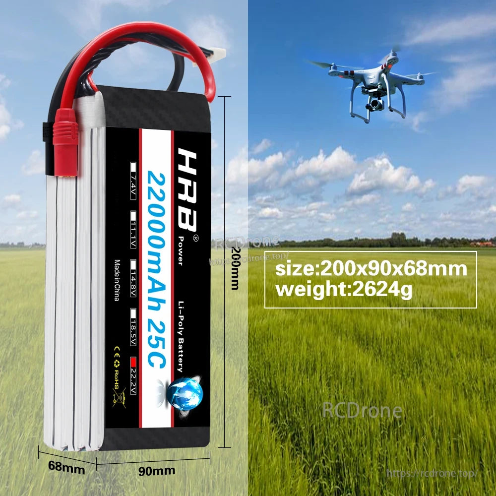 HRB 22.2V 22000mAh 6S 25C LiPo battery dimensions and weight graphic (200×90×68mm, 2624g) with drone
