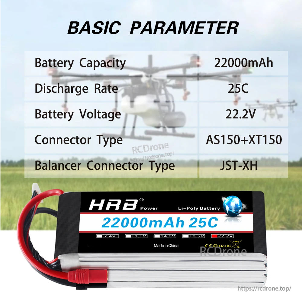 HRB 22.2V 22000mAh 6S 25C LiPo battery basic parameters with AS150+XT150 and JST-XH connectors