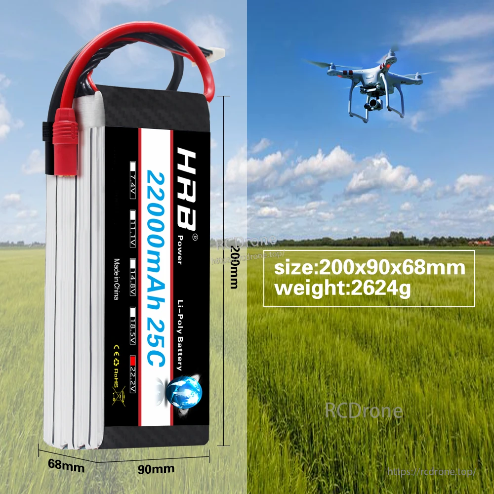 HRB 22000mAh 25C LiPo battery size and weight infographic (200×90×68mm, 2624g)