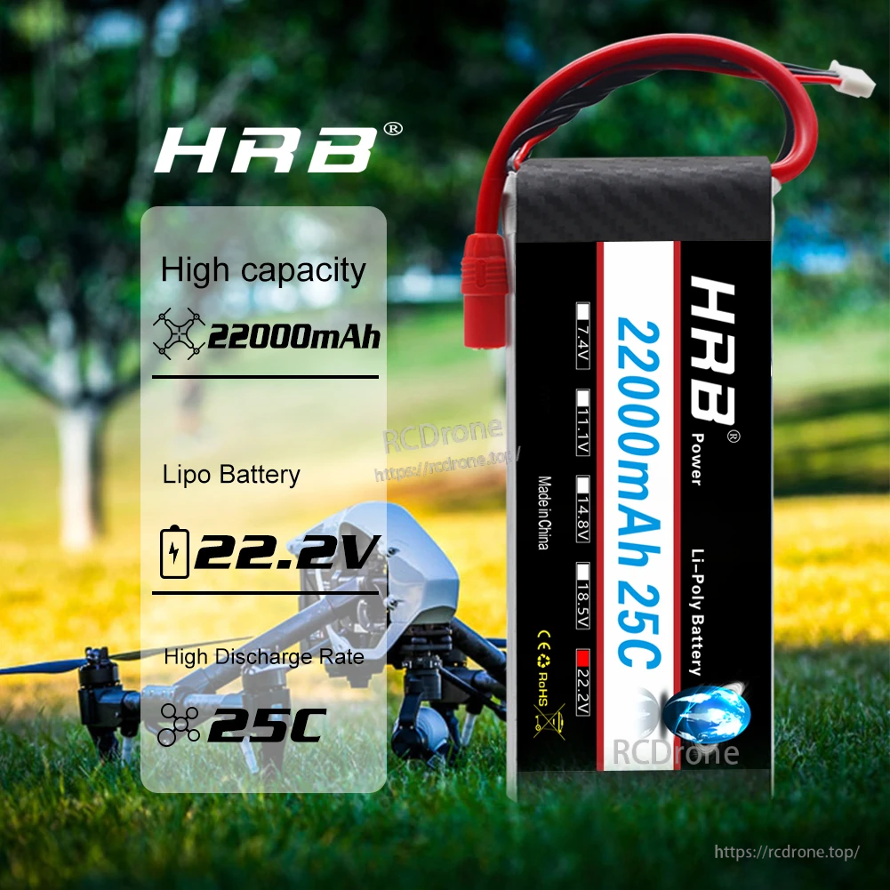 Close-up of HRB 6S Li-Poly battery label highlighting 22000mAh capacity, 22.2V voltage, and 25C discharge rate
