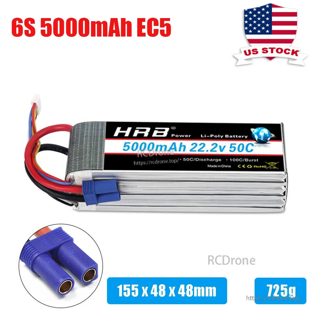 6S 5000mAh HRB battery with EC5 connector, size 155×48×48mm and 725g graphic