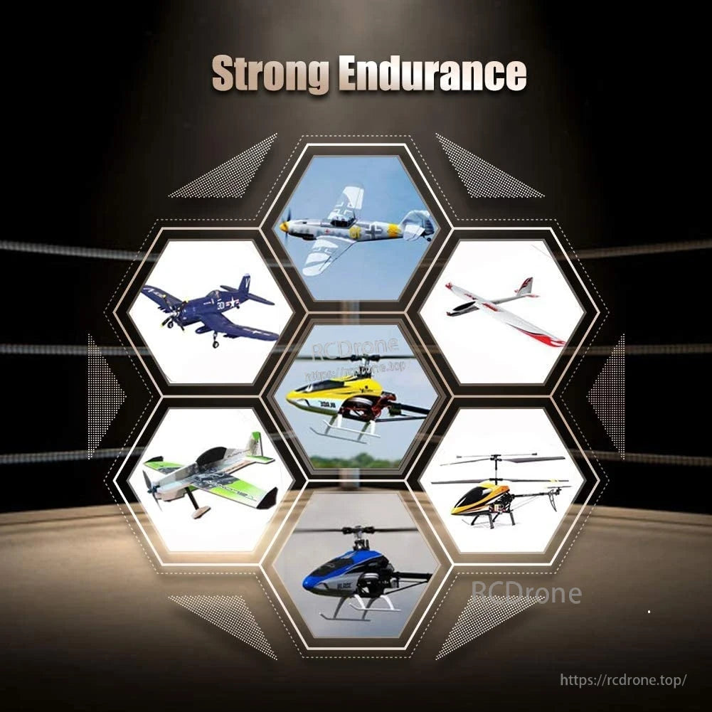 Strong endurance graphic with multiple RC planes and helicopters in hexagon layout