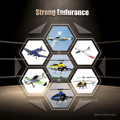 Strong endurance graphic with multiple RC planes and helicopters in hexagon layout