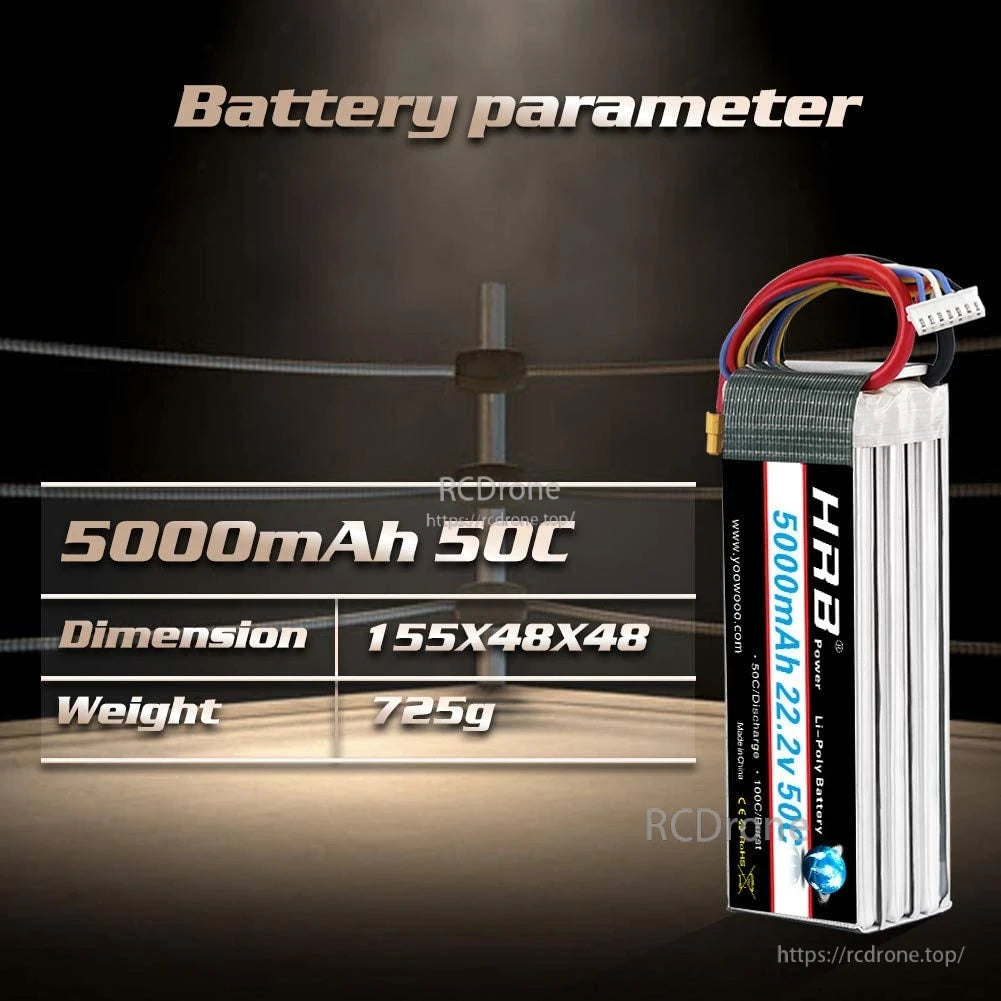 Battery parameter graphic: 5000mAh 50C, size 155×48×48mm, weight 725g