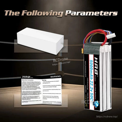 Package contents layout: HRB LiPo battery, white box, and instruction/warning leaflet