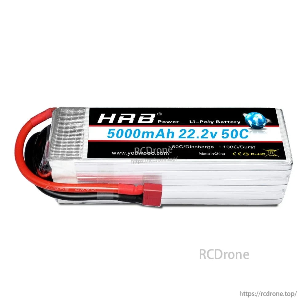 HRB 22.2V 5000mAh 50C LiPo battery pack with red power connector and balance lead