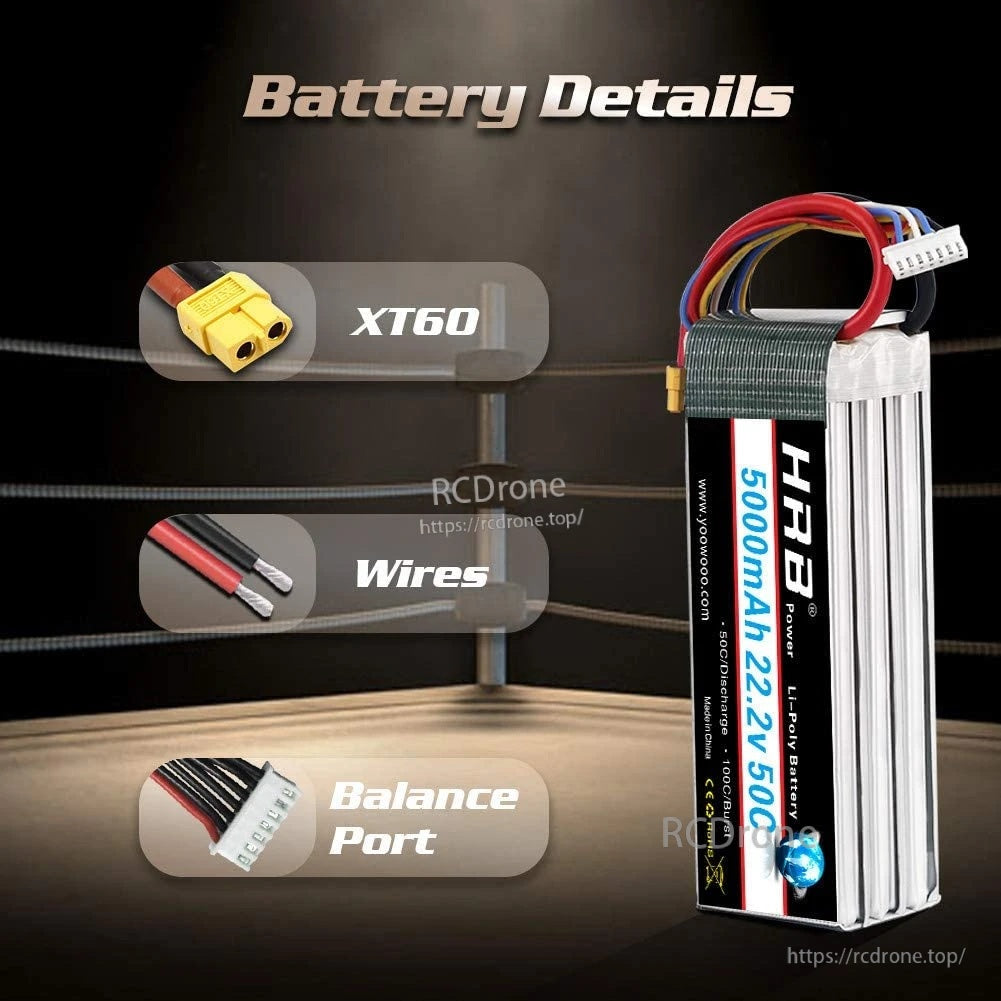 HRB 22.2V 5000mAh 50C 6S LiPo battery with XT60 discharge plug, wires and JST-XH balance port