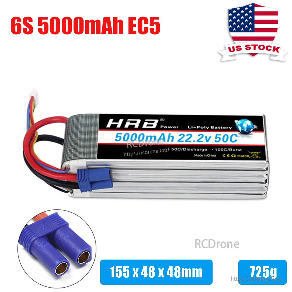 HRB 6S 5000mAh 22.2V 50C LiPo battery with EC5 discharge connector, dimensions 155×48×48 mm, 725 g