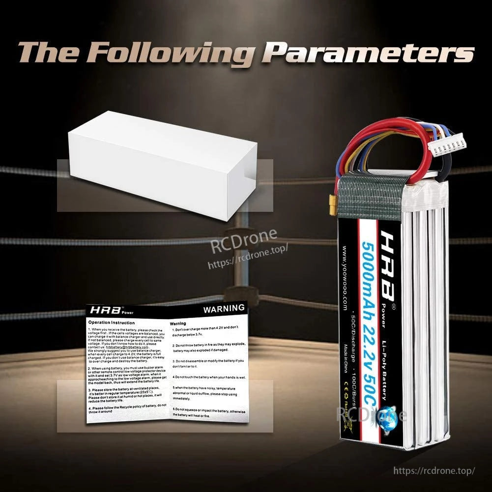 Package contents graphic with HRB LiPo battery, white box and safety/warning instruction sheet