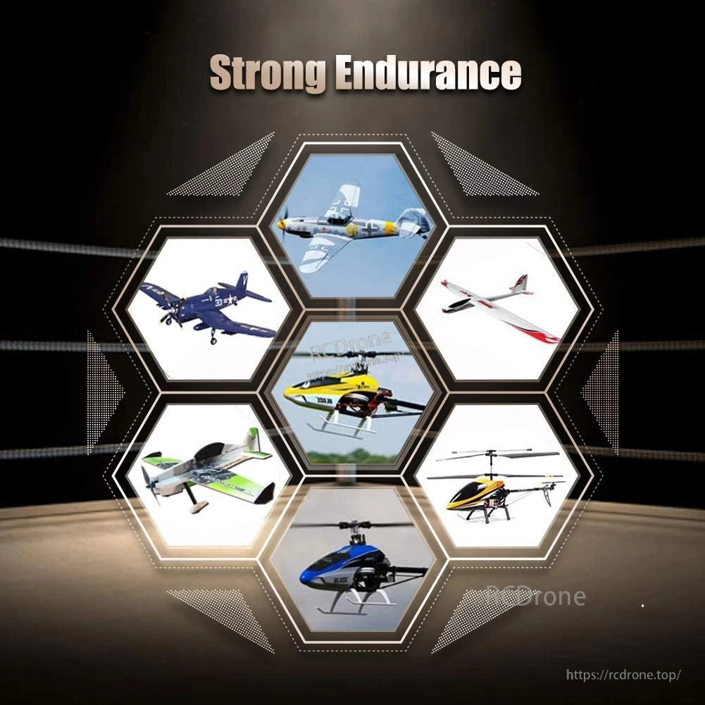 Strong endurance graphic with multiple RC aircraft types surrounding a central hexagon layout