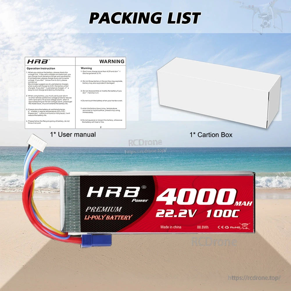 Packing list graphic showing HRB 4000mAh 6S LiPo battery, user manual sheet, and white carton box
