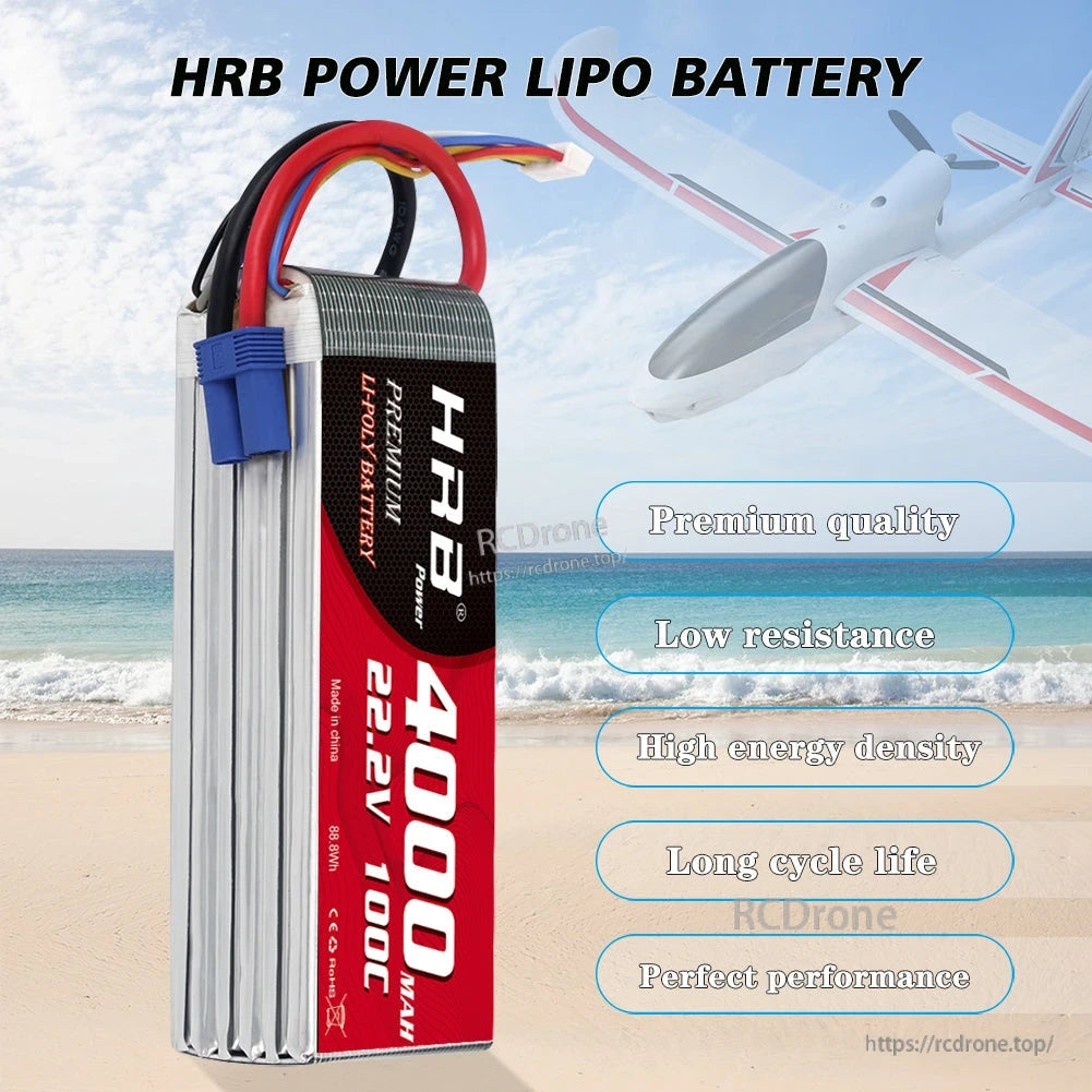 Side view of HRB 4000mAh 22.2V 6S LiPo battery with blue power connector, shown with airplane graphic