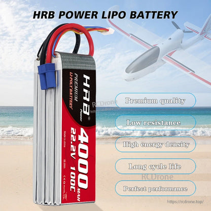 Side view of HRB 4000mAh 22.2V 6S LiPo battery with blue power connector, shown with airplane graphic