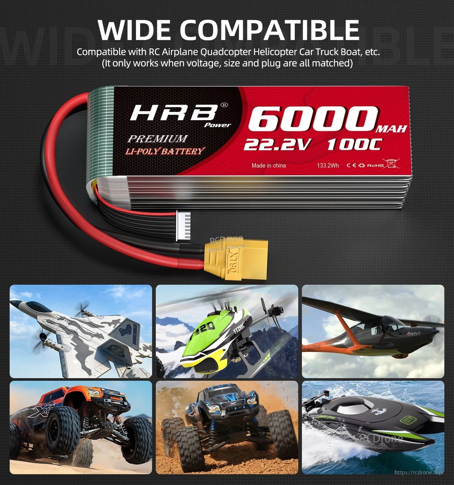 Compatible use cases for 22.2V 6000mAh LiPo battery shown with RC plane, helicopter, car and boat icons
