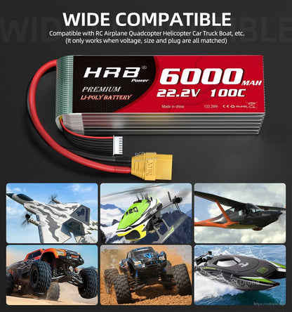 Compatible use cases for 22.2V 6000mAh LiPo battery shown with RC plane, helicopter, car and boat icons