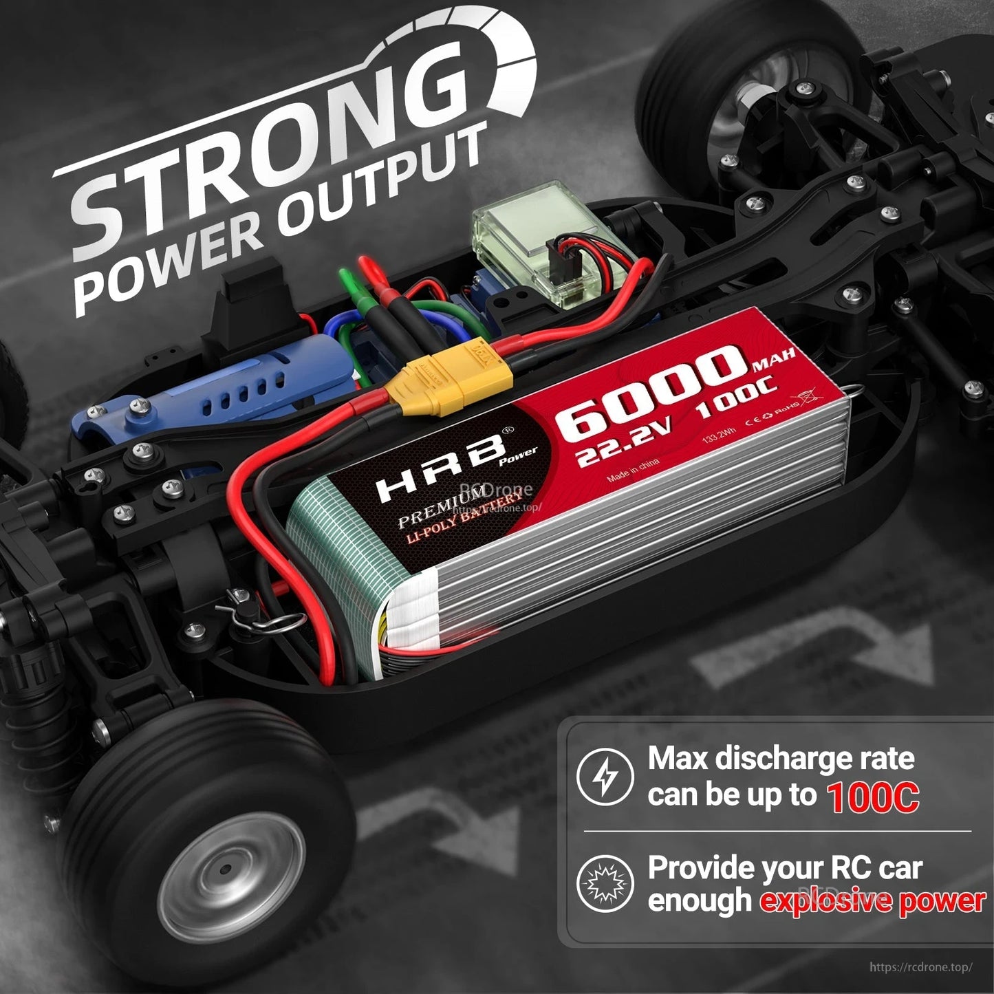 6S 22.2V 6000mAh 100C LiPo battery installed in RC car chassis with XT90 connector