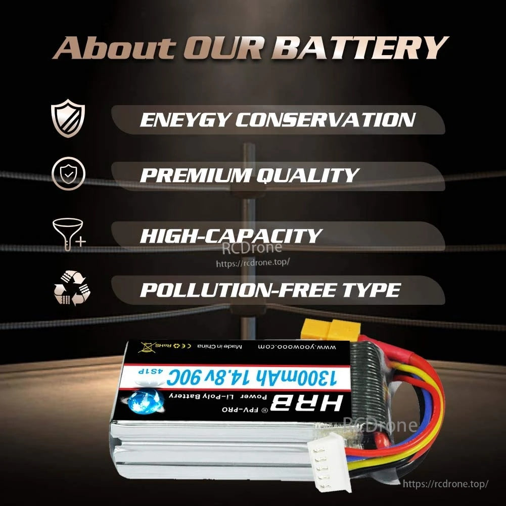HRB FPV-PRO 1300mAh 90C LiPo battery pack with XT60 lead and balance connector (14.8V 4S label)