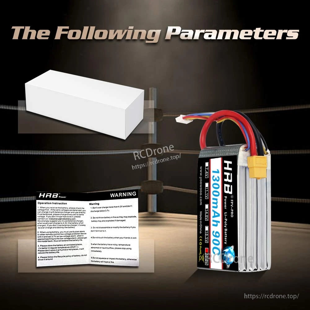 HRB FPV-PRO battery package contents with box and warning sheet next to a 1300mAh 90C LiPo pack
