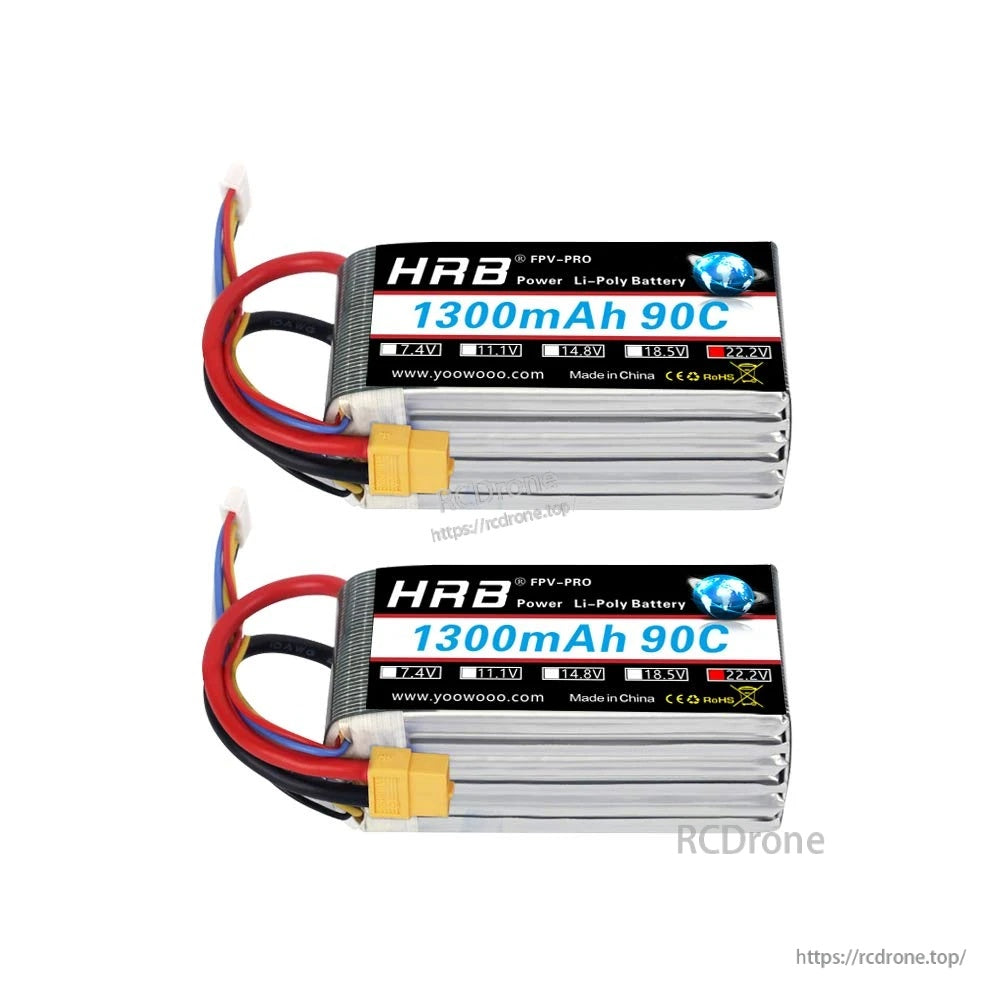 Two HRB FPV-PRO 1300mAh 90C LiPo batteries with XT60 connectors on white background