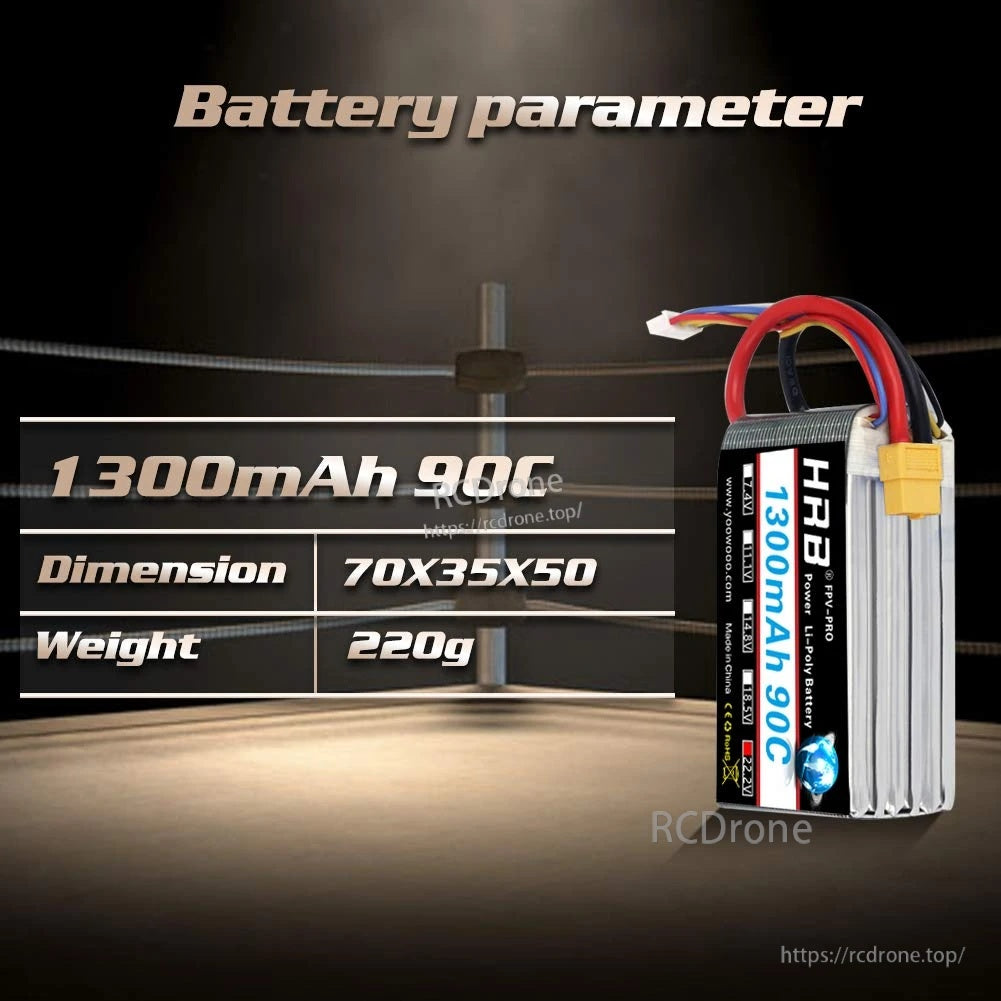 HRB 1300mAh 90C LiPo battery parameter graphic for 6S: 70×35×50mm size and 220g weight