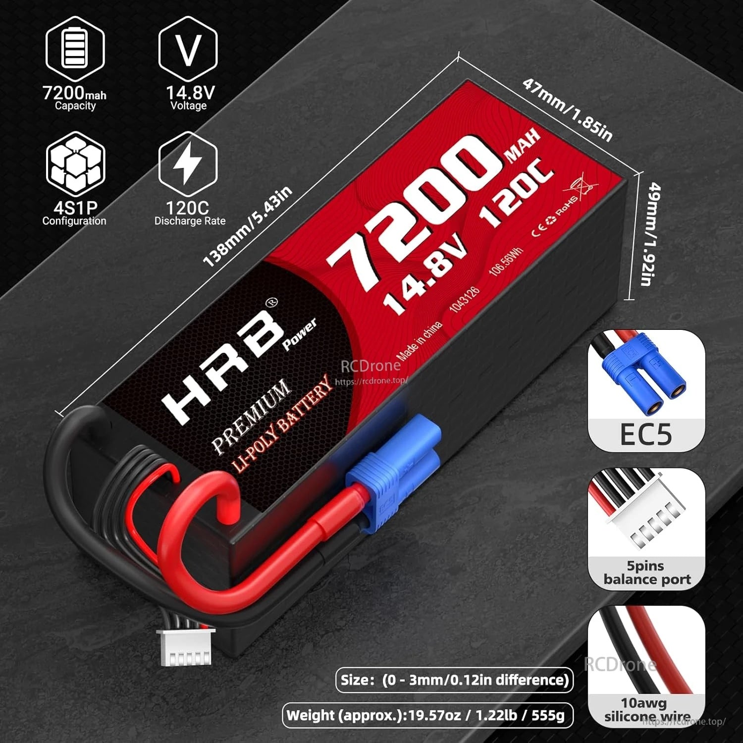 HRB 4S 14.8V 7200mAh 120C hardcase LiPo battery with EC5 plug and 5-pin balance lead