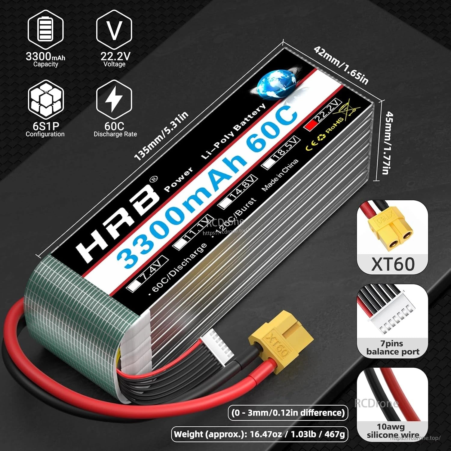 HRB 2-Pack 6S 22.2V 3300mAh 60C LiPo Battery with XT60 plug, 7‑pin balance port, and 6S1P pack