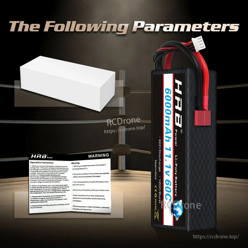 Package contents graphic with white box and HRB safety warning sheet alongside hardcase battery