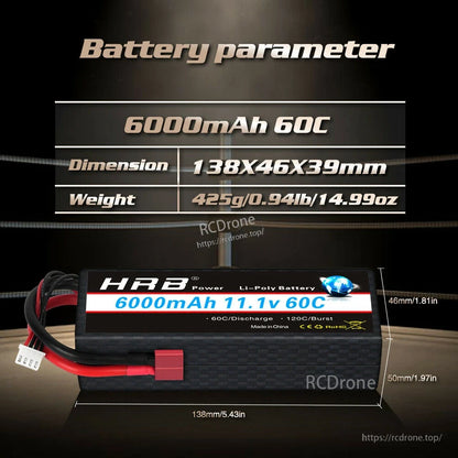 Battery parameter chart showing 6000mAh 60C, dimensions 138x46x39mm and weight 425g (0.94lb)