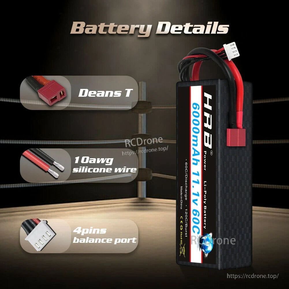 Battery details graphic showing Deans T connector, 10AWG silicone wire, and 4-pin balance port