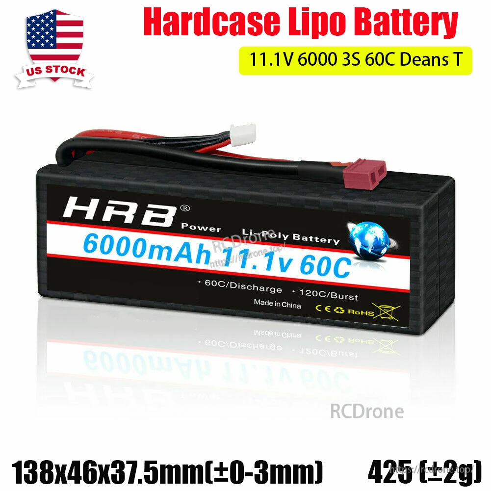 HRB 3S 11.1V 6000mAh 60C hardcase LiPo battery with Deans T plug and 3S balance lead
