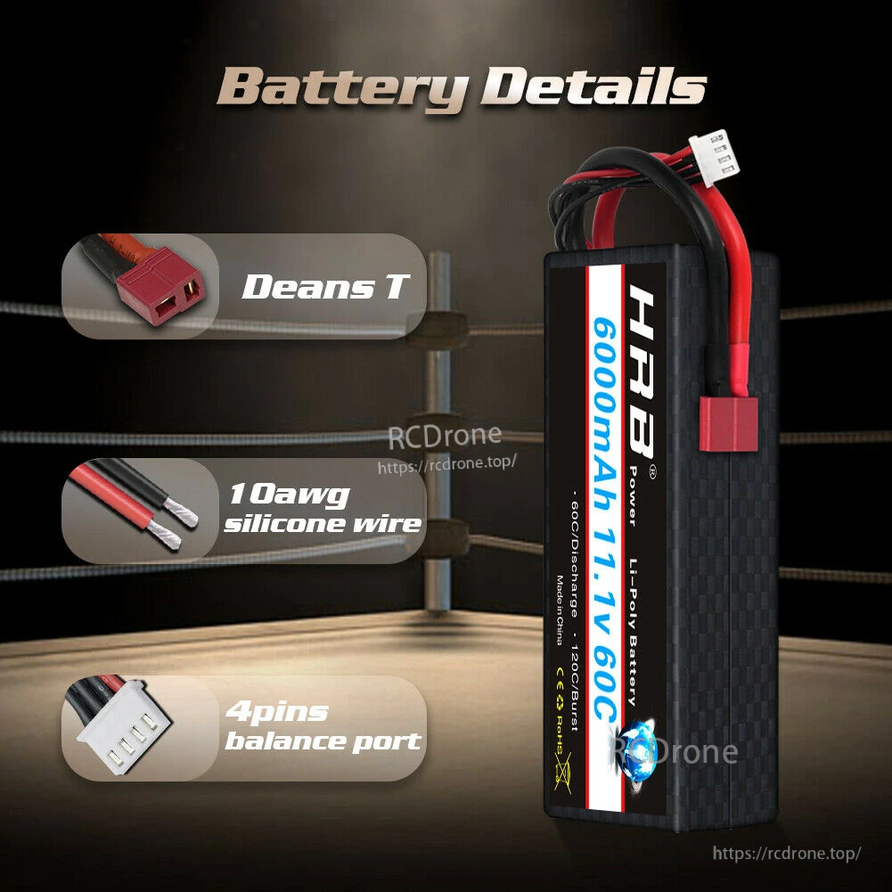 Deans T connector, 10AWG silicone wire, and 4-pin 3S balance port on HRB 6000mAh 11.1V hardcase LiPo
