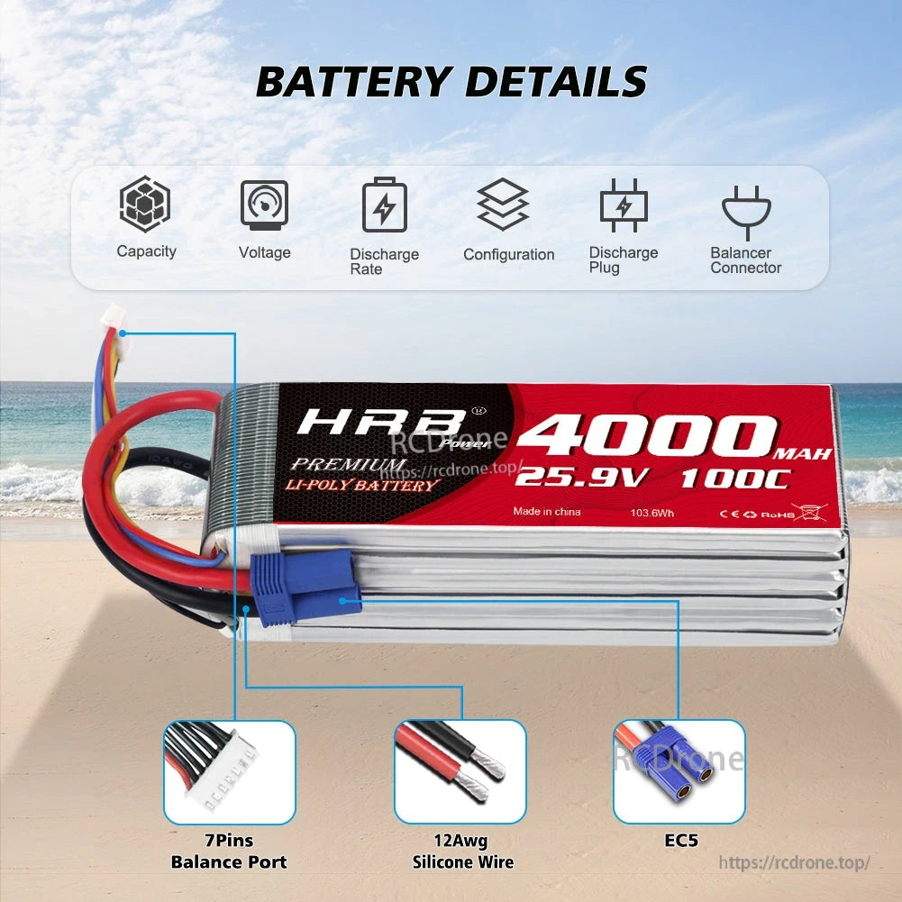 Battery details graphic highlighting 7-pin balance port, 12AWG silicone wire, and EC5 plug