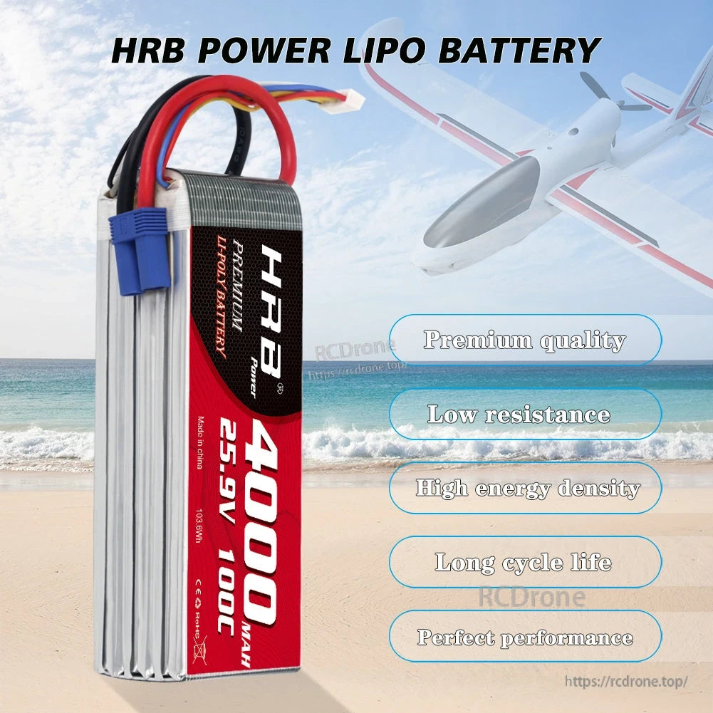 Upright side view of HRB 4000mAh 25.9V 100C LiPo battery with airplane background and feature list