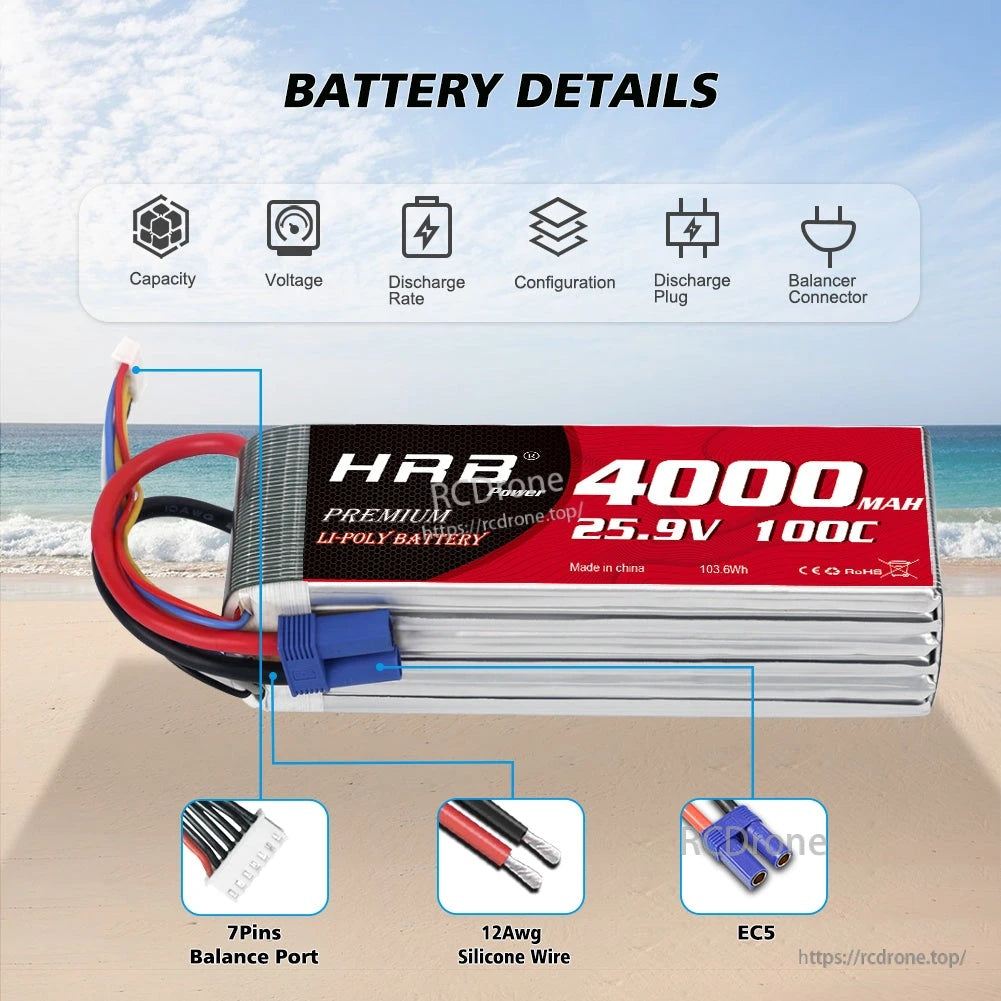 Battery details highlighting 7-pin balance port, 12AWG silicone wire, and EC5 female discharge connector