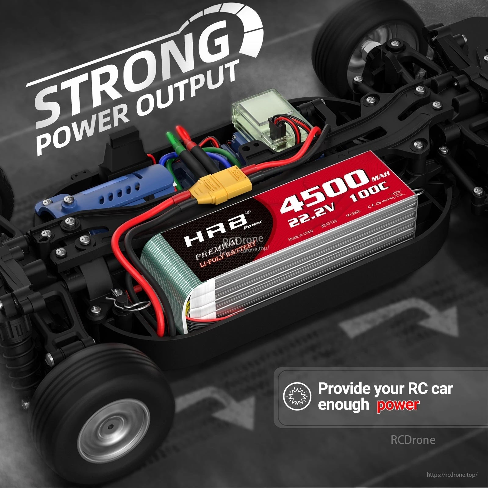 HRB 4500mAh 6S LiPo installed in an RC car battery tray with main power lead connected