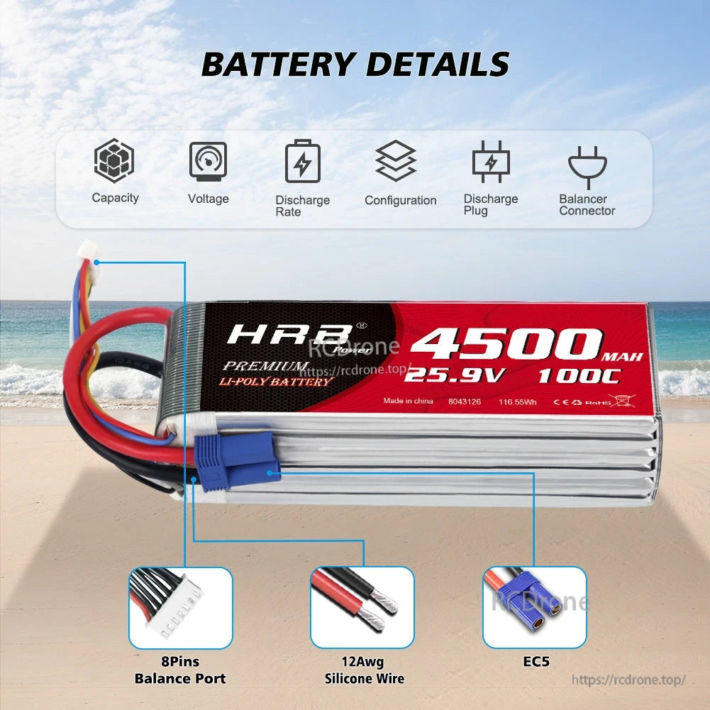 Battery details graphic highlighting 8-pin balance port, 12AWG silicone wire, and EC5 discharge connector