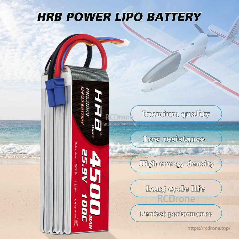 HRB Power LiPo battery standing side view with airplane background and feature text callouts